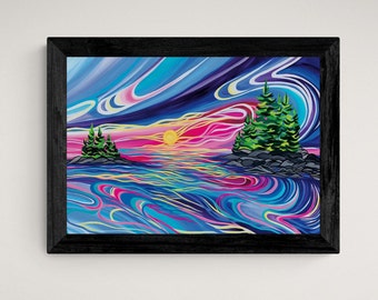 May include: A colorful abstract painting of a sunset over a lake with two islands. The sky is a mix of blue, purple, pink, and yellow. The water is a swirling mix of blue, green, and pink. The islands are covered in green trees.