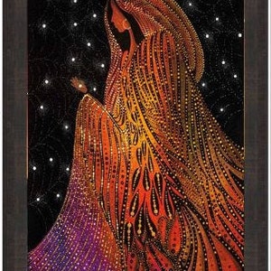 May include: A colorful abstract painting of a woman in a flowing robe with a starry night background. The woman is depicted in a stylized, almost geometric, fashion with a mix of orange, red, purple, and gold colors.