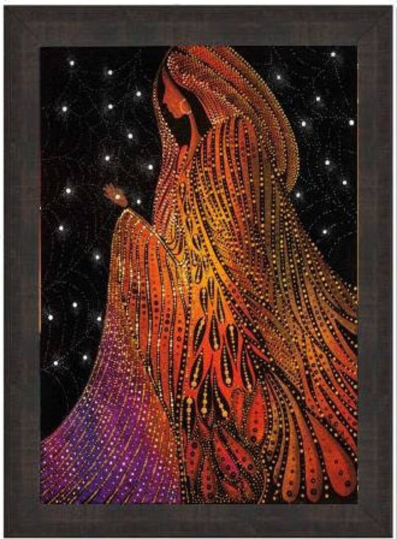 May include: A colorful abstract painting of a woman in a flowing robe with a starry night background. The woman is depicted in a stylized, almost geometric, fashion with a mix of orange, red, purple, and gold colors.