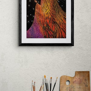 May include: A framed print of a colorful abstract painting depicting a woman in a flowing gown with a starry background.