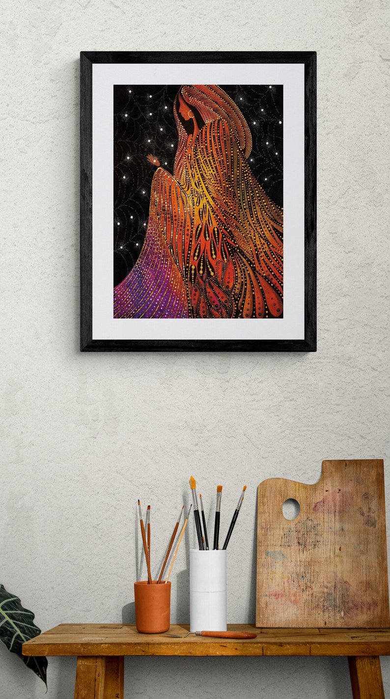 May include: A framed print of a colorful abstract painting depicting a woman in a flowing gown with a starry background.
