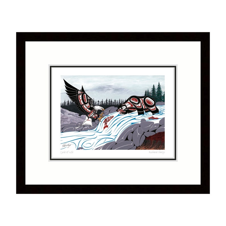 May include: A stylized illustration of a black bear and an eagle fighting over a salmon in a river. The eagle is in flight and the bear is standing on a rock. The river is blue and white and the rocks are gray. The background is a forest with trees in the distance. The artwork is signed "Cole of Life" and "Kulbear Henry".