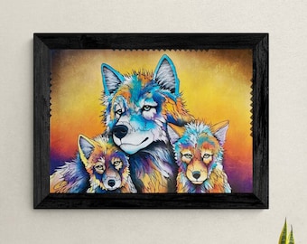 May include: A colorful painting of a wolf and two pups. The wolf is blue, purple, and yellow, and the pups are orange, yellow, and brown. The background is a gradient of orange and yellow.