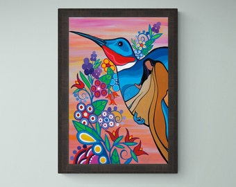 May include: A framed painting of a colorful hummingbird with a woman in a brown dress. The hummingbird is flying towards the right side of the painting. The background is a pink and orange gradient with flowers and leaves in various colors.