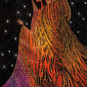 May include: A woman in a flowing orange and purple robe with a dotted pattern stands against a black background with white dots. The woman's face is partially obscured by the robe, and she is looking to the left.