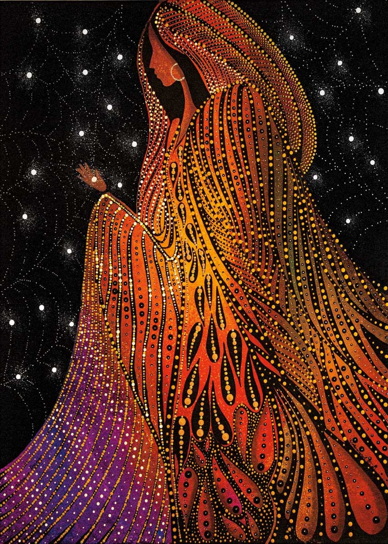 May include: A woman in a flowing orange and purple robe with a dotted pattern stands against a black background with white dots. The woman's face is partially obscured by the robe, and she is looking to the left.