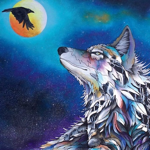 May include: A colorful, stylized wolf howling at the moon, with a black crow flying overhead. The background is a dark blue with white stars.