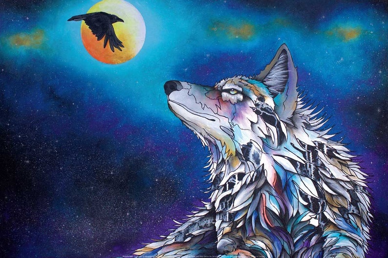May include: A colorful, stylized wolf howling at the moon, with a black crow flying overhead. The background is a dark blue with white stars.