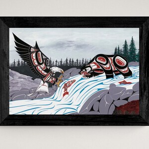 May include: A stylized painting of a black bear and an eagle facing each other over a rushing river. The bear is on the right side of the image, and the eagle is on the left. The eagle has its wings spread out, and the bear is standing on its hind legs. The river is flowing from left to right, and there are rocks and trees in the background.