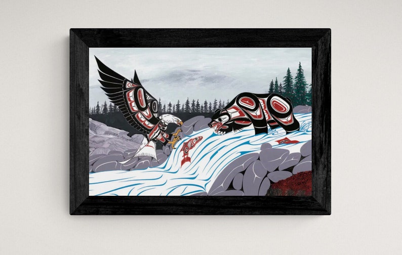 May include: A stylized painting of a black bear and an eagle facing each other over a rushing river. The bear is on the right side of the image, and the eagle is on the left. The eagle has its wings spread out, and the bear is standing on its hind legs. The river is flowing from left to right, and there are rocks and trees in the background.