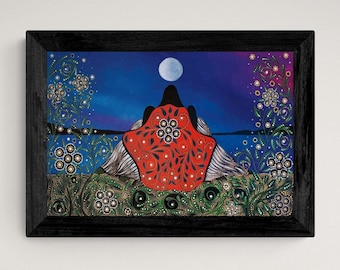 May include: A framed painting of a couple sitting under a full moon. The couple is silhouetted against the moon and the sky is a deep blue. The painting is done in a pointillist style with small dots of paint.