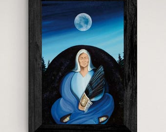 May include: A painting of a woman in a blue robe sitting with a fan in her hands. The background is a dark blue with a large moon in the sky.