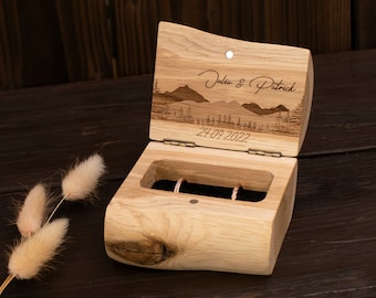 Ringbox, Ringkästchen, Ringdose Hochzeit | Holz Eiche | personalisiert mit Namen und Datum | Panorama, Berge, Alpenliebe