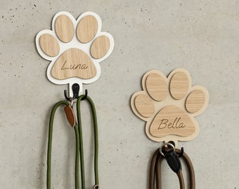 Leinenhalter personalisiert | Halterung aus Holz für Hundeleinen | Haken Garderobe Hundeleine | Aufbewahrung Leinen Hund | Pfote