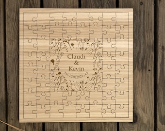 Gästebuch Hochzeit | Puzzle | Holz | Gästebuch personalisiert mit Namen + Datum | 49 Puzzleteile | Bouquet