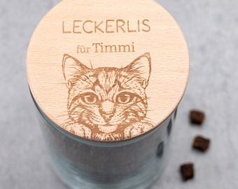 Vorratsglas Leckerlis für Katzen | personalisiert mit Name | Geschenk für Katzenmama, Katzenpapa | Aufbewahrung Leckerlies Katze