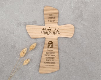 Taufkreuz, Kommunionskreuz Holz, personalisiert mit Name + Datum | Geschenkidee Taufe, Kommunion Junge, Mädchen | Holzkreuz | Regenbogen