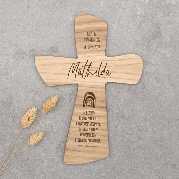 Taufkreuz, Kommunionskreuz Holz, personalisiert mit Name + Datum | Geschenkidee Taufe, Kommunion Junge, Mädchen | Holzkreuz | Regenbogen