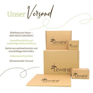 May include: A close-up of three cardboard boxes with the logo "Lewana Holz. Heimat. Handwerk." printed on them. The boxes are stacked on top of each other and are made from recycled materials. The text "Unser Versand" is written in cursive at the top of the image.