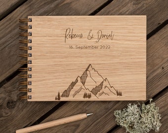 Gästebuch Hochzeit | Holz | Gästebuch personalisiert mit Namen und Datum | DIN A4 | DIN A5 | Panorama, Berge, Alpen, Alpenhochzeit