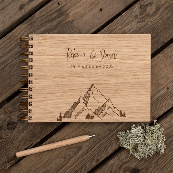 Gästebuch Hochzeit | Holz | Gästebuch personalisiert mit Namen und Datum | DIN A4 | DIN A5 | Panorama, Berge, Alpen, Alpenhochzeit