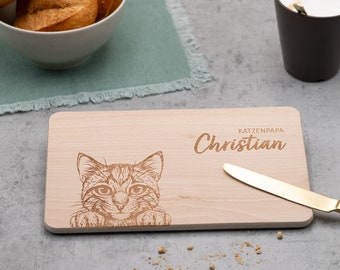 Brettchen, Frühstücksbrettchen Holz für Katzenhalter, personalisiert mit Name | Geschenkidee Geburtstag, Einzug, Umzug | Katzenpapa