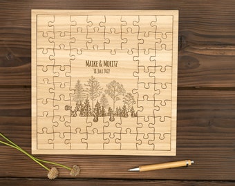 Gästebuch Hochzeit | Puzzle | Holz | Gästebuch personalisiert mit Namen + Datum | 49 Puzzleteile | Wald