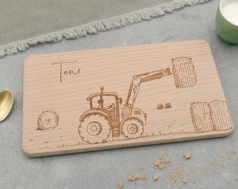 Brettchen, Frühstücksbrettchen Holz, personalisiert mit Name | Geschenkidee Geburtstag Junge, Mädchen | Bauernhof, Traktor