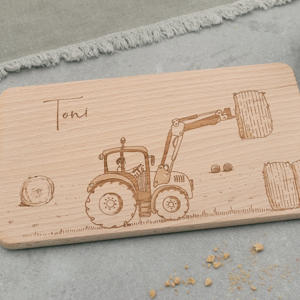 Brettchen, Frühstücksbrettchen Holz, personalisiert mit Name | Geschenkidee Geburtstag Junge, Mädchen | Bauernhof, Traktor