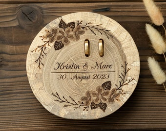 Ringkissen Holz Hochzeit personalisiert mit Namen + Datum | Baumscheibe graviert | Holzscheibe personalisiert | Trauringkissen | Kirschblüte