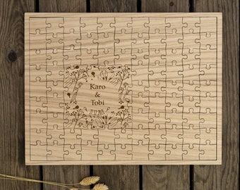 Gästebuch Hochzeit, Puzzle aus Holz – Gästebuch personalisiert mit Namen + Datum – Gästebuch-Puzzle mit 83 Puzzleteile – Bouquet