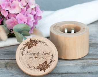 Ringbox, Ringdose Holz zur Hochzeit | personalisiert mit Name + Datum | Ringkästchen mit Deckel | Ringschatulle individuell | Kirschblüte