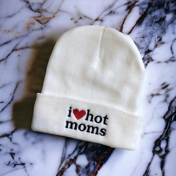 I heart hot moms, white Embroidered Cuff Beanie, holiday gift, free shipping, ready to go, white beanie