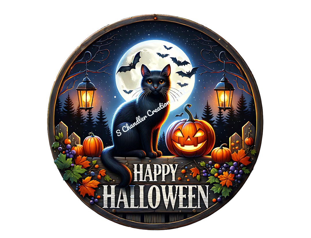 Halloween Black Cat Wreath Sign: Jack O' Lantern Full Moon - Etsy