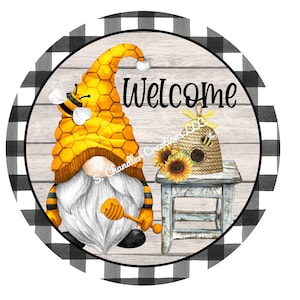 Welcome Wreath Sign,Gnome Welcome Wreath Sign,Honey Bee wreath Sign,Metal Wreath Sign,Round Wreath Sign,Signs for Wreaths