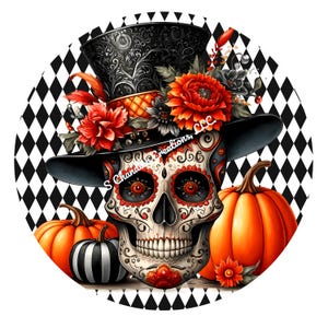 Halloween Sugar Skull Wreath Sign, Halloween Wreath Sign, Day of the Dead Wreath Signs, Metal Wreath Sign, Round Wreath Sign, Pumpkins