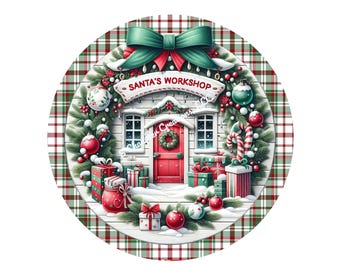 Santa's Workshop Wreath Sign, Christmas Wreath Sign, Metal Wreath Sign, Round Wreath Sign, Sign for Wreaths, Wreath Signs, Santa Wreath Sign