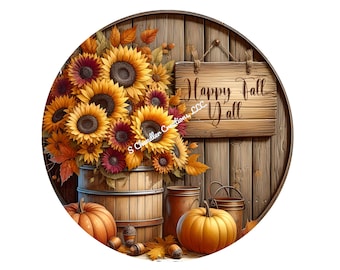 Happy Fall Y'all Wreath Sign, Fall Wreath Sign, Hydrangea, Sunflower Wreath Sign, Metal Wreath Sign, Signs for Wreaths, Pumpkins