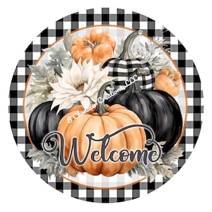 Welcome Pumpkin Wreath Sign, Autumn Wreath Sign, Fall Wreath Sign, Round Wreath Sign, Metal Wreath Sign, Signs for Wreaths, Black and White