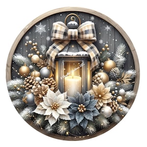 Christmas Lantern Wreath Sign, Christmas Wreath Sign, White and Navy Poinsettia, Metal Wreath Sign,  Sign for Wreaths, Navy and Gold