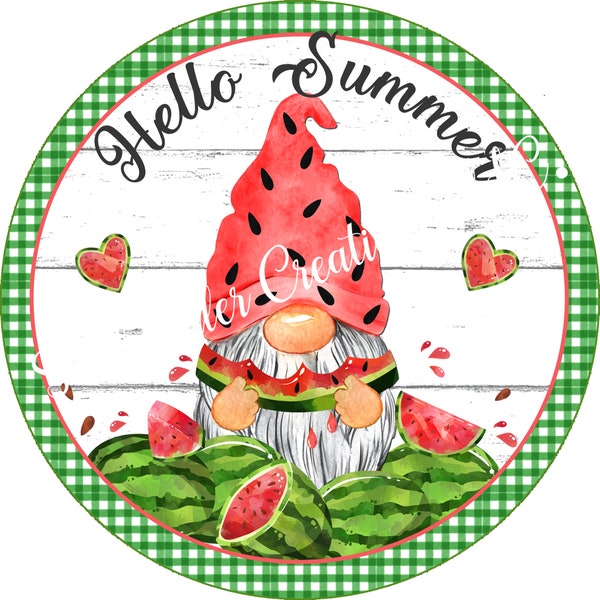 Hello Summer Wreath Sign,Watermelon Wreath Sign,Gnome Wreath Sign,Metal Wreath Sign,Round Wreath Sign,Signs for Wreaths