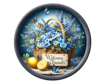 Welcome Friends Wreath Sign, Summer Wreath Sign, Metal Wreath Sign, Round Wreath Sign, Signs for Wreaths, Spring Flowers, Lemons