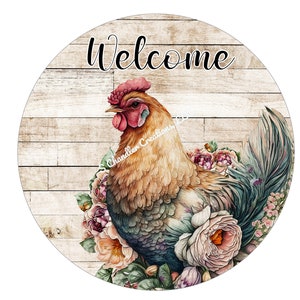 Welcome Wreath Sign, Rooster Wreath sign, Welcome Rooster Wreath Sign, Metal Wreath Sign, Round Wreath Sign, Signs for Wreaths, Chicken Sign