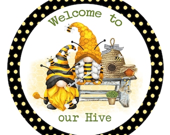 Welcome to our Hive Wreath Sign,Gnome Wreath Sign,Bee Wreath Sign,Metal Wreath Sign,Round Wreath Sign,Signs for Wreaths,UV Coated Metal