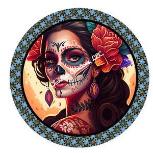 Sugar Skull Wreath Sign, Halloween Wreath Sign, Day of the Dead Wreath Signs, Metal Wreath Sign, Round Wreath Sign, Signs for Wreaths