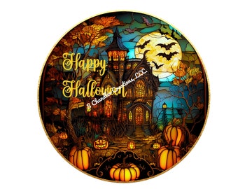 Faux Stained Glass Happy Halloween Haunted House Wreath Sign, Halloween Wreath Sign, Metal Wreath Sign, Round Wreath Sign, Signs for Wreaths