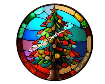Faux Stained Glass Christmas Tree Wreath Sign,Metal Wreath Sign,Round Wreath Signs,Signs for Wreaths, Christmas Wreath Sign