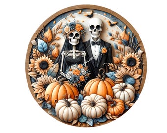 Skeleton Couple Wreath Sign: Halloween Pumpkin Sunflower Metal Decor