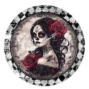 Sugar Skull Wreath Sign, Halloween Wreath Sign, Day of the Dead Wreath Signs, Metal Wreath Sign, Round Wreath Sign, Signs for Wreaths