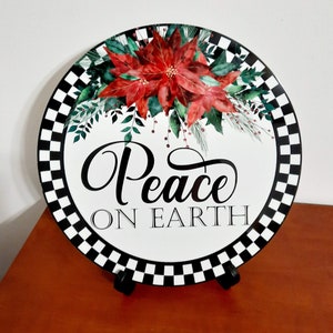 Peace on Earth Wreath Sign,Christmas Wreath Sign,Poinsettia Wreath Sign,Metal Wreath Sign,Round Wreath Sign,Signs for Wreaths